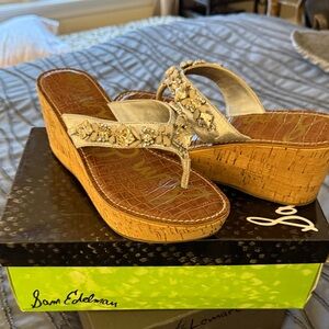 Sam Edelman Silver Jeweled Cork Wedge Thong Sandals